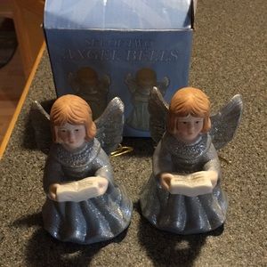 Glittery blue angel bells. Angel carollers.  VGUC